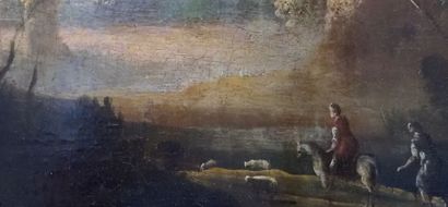ÉCOLE FRANÇAISE OU FLAMANDE DU XVII°siècle Paysage aux ruines animées
Huile sur toile,...