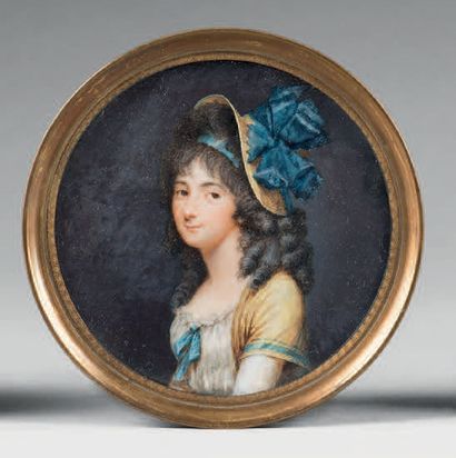 Attribuée à Charles HÉNARD (1756- c. 1812) Jeune femme au chapeau de paille à ruban...