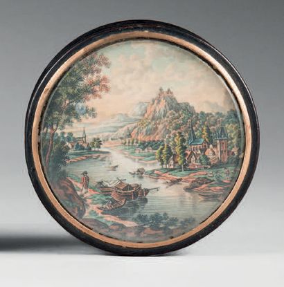 Ecole de la fin XVIIIe siècle Paysage fluvial.
Miniature ornant le couvercle d'une...