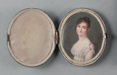 ÉCOLE FRANÇAISE début XIXe siècle Jeune femme vêtue de blanc.
Miniature ovale.
Dans...