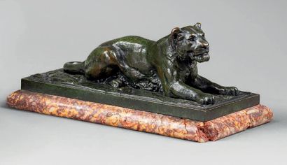D'après Antoine-Louis BARYE (1795-1875) Lionne couchée
Bronze à patine verte nuancée...