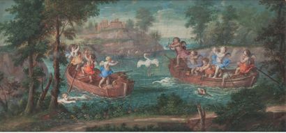 Ecole française fin du XVIIe siècle Amours en barque chassant à l'arc les hérons
Gouache...