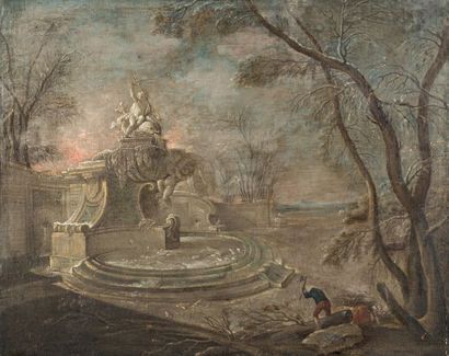 LAJOUE Jacques de 1686 - 1761 Fontaine au dauphin dans un parc ou l'Hiver
Huile sur...