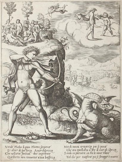 Daddi, Bernardo (1512 Rome 1570). The story of Apollo and Daphne. Copperplate engraving.... Gazette Drouot