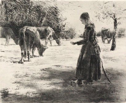 Liebermann, Max. (1847 Berlin 1935). The cowgirl on the forest meadow / On the pasture.... Gazette Drouot