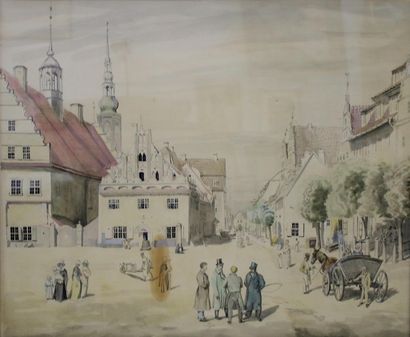 Greifswald. The market square in Greifswald. Copy after Caspar David Friedrich. Watercolor... Gazette Drouot