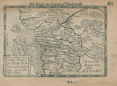 Kongo. Het Rijck van Congi,of Manicongi. Carte gravée sur cuivre tirée de Hand-boeck,... Gazette Drouot