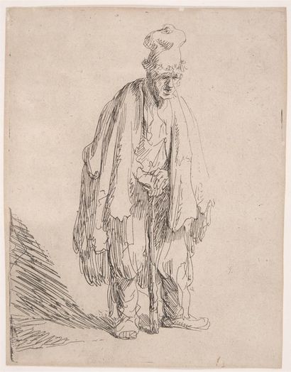 Rembrandt, Harmensz van Rijn (1606 Leyde - 1668 Amsterdam). Grand mendiant debout... Gazette Drouot