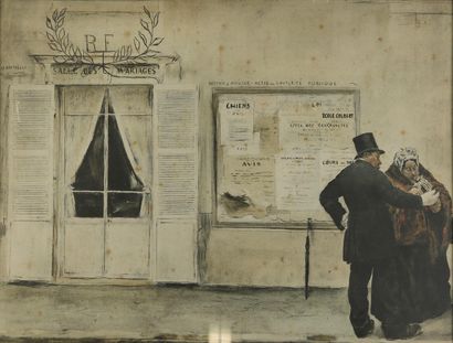 Raffaelli, Jean-Francois (1850 Paris 1924). Les invités attendant la noce. Lithographie... Gazette Drouot