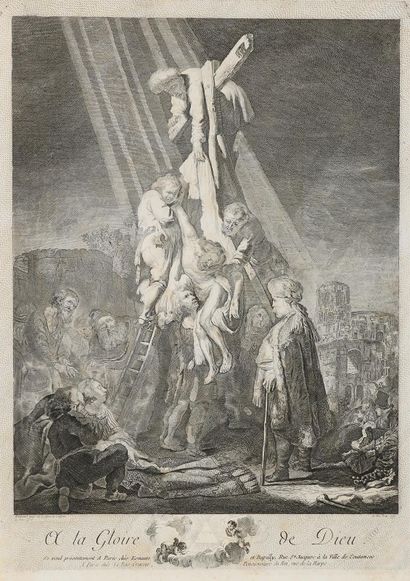 Rembrandt van Rijn, Harmenszoon (1606-1669) d'après . Descente de croix. Eau-forte... Gazette Drouot