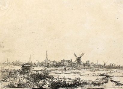Rembrandt van Rijn, Harmensz (1606 Leyde - Amsterdam 1669) d'après. La vue d'Amsterdam.... Gazette Drouot