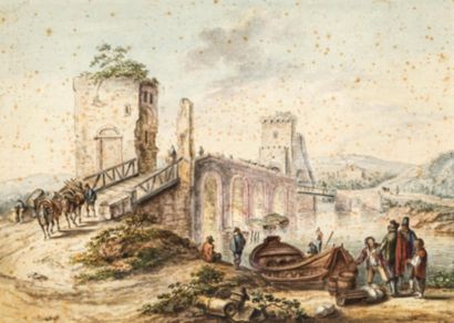 Ponte Molle. Watercolor on paper. 17th century. 28.2 x 37.5 cm. Stained. - Inscribed... Gazette Drouot