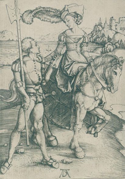 Dürer, Albrecht (1471 Nuremberg 1528). La demoiselle à cheval et le lansquenet. Gravure... Gazette Drouot
