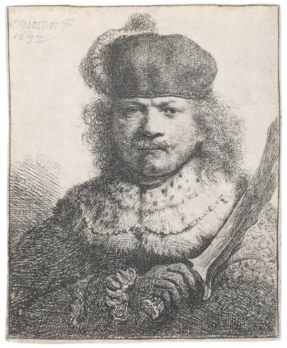 Rembrandt van Rijn, Harmensz (1606 Leyde - Amsterdam 1669). Autoportrait au sabre.... Gazette Drouot