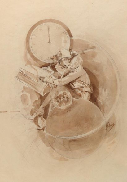 Chéret, Jules (1836 Paris - Nice 1932). La coquette d'horloge. Washed brush drawing... Gazette Drouot