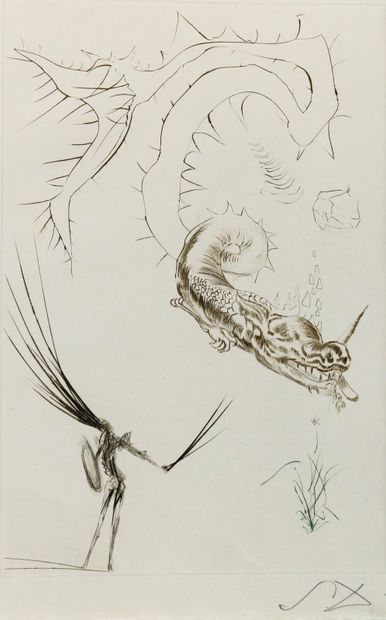 Dali,Salvador (1893 Figueres 1989). Le combat de Tristan avec le dragon. Gravure... Gazette Drouot