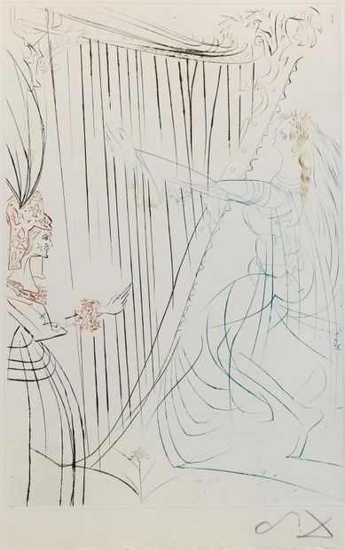 Dali,Salvador (1893 Figueres 1989). Isolde jouant de la harpe. Gravure à la pointe... Gazette Drouot