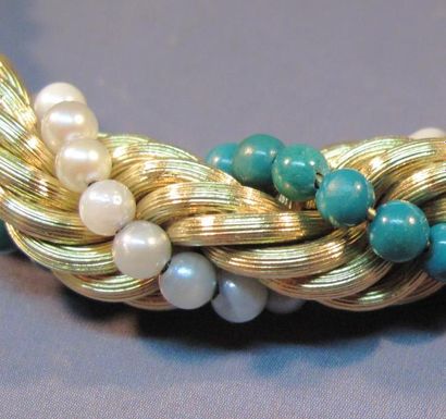 null Bracelet tresse en or jaune maille corde, perles de cultures et turquoises....