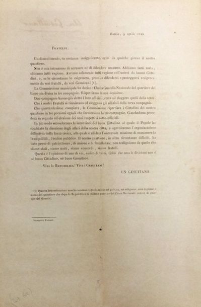null BASTIAFratelli, (...)Bastia, Imprimerie Fabiani, s.d., (1848), in-4.Du 9 avril...