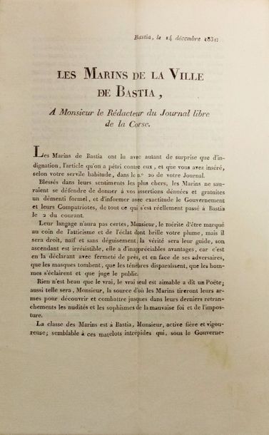 null 

BASTIA

Les Marins de la ville de Bastia, à Monsieur le rédacteur du Journal...