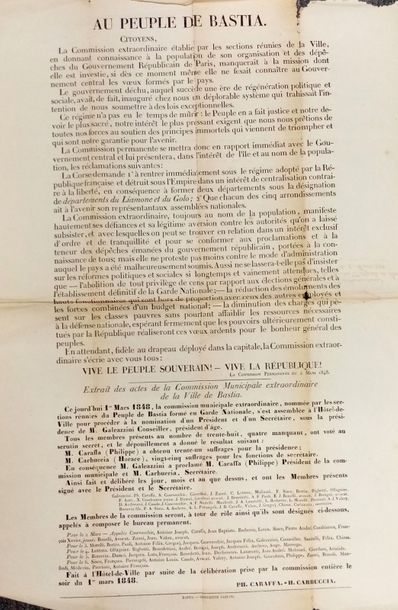null 

BASTIA

Au peuple de Bastia

Bastia, Imprimerie Fabiani, s.d., (1848), placard...