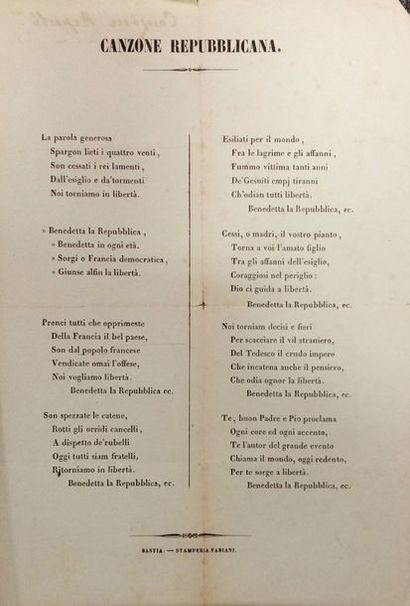 null 

CHANSON

Canzone repubblicana

Bastia, Imprimerie Fabiani, s.d., (1848), in-4,...