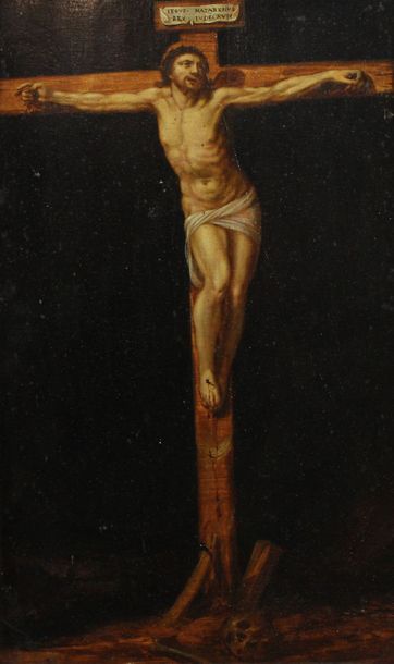 null Ecole flamande du XVII-ème Siècle : « Le Christ en Croix ». Huile sur panneau...