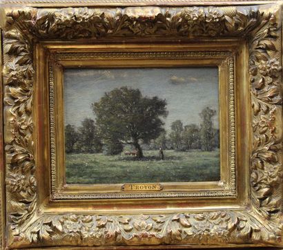 null ÉCOLE FRANÇAISE XIXe siècle, Bergère sous un arbre, huile sur panneau (restaurations),...