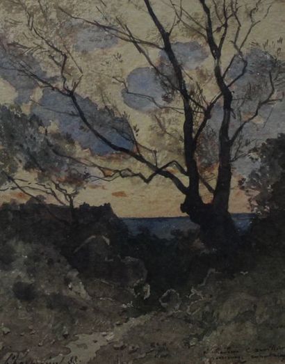 null HARPIGNIES Henri Joseph, 1819-1916, Chemin au crépuscule, 1888, aquarelle, signée...