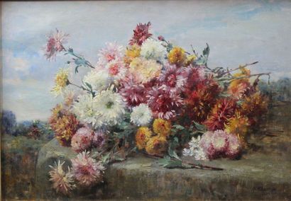 null Alexandre-Jacques CHANTRON (1842-1918) : « Joli bouquet de fleurs sur un entablement »....