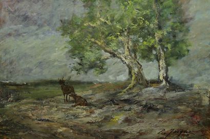 null JACQUE Émile, 1848-1912, Cerf et biche sous un arbre, huile sur toile (accident),...
