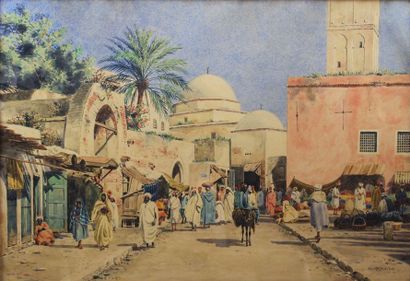 null KOSZKOL Jenoe, 1868-1935, Rue animée à Tunis, aquarelle (insolation), signée...