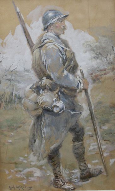 null Alphonse LALAUZE (1872-1936) : « Soldat sur champ de bataille ». Gouache sur...