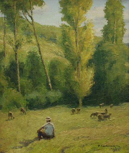 null Pierre LADUREAU (1882-1975) : « Berger et ses moutons ». Huile sur toile signée...