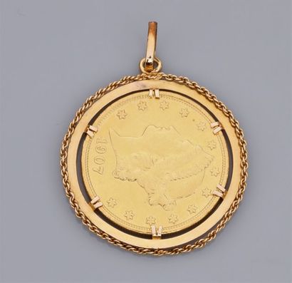   Pendentif en or jaune 750°/00 (18K), serti d'une pièce de 20$ USA en or de 1907,...