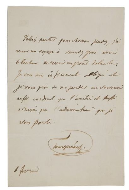null Alexandre Ivanovitch Tourguénieff. Lettre autographe signée à Mademoiselle Bourbier....