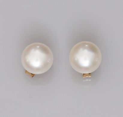   Paire de puces serties de perles de culture Akoya diamètre 7.5/8 mm, tiges et fermoirs...