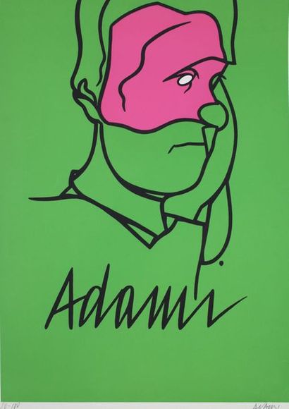 null ADAMI Valerio (né en 1935). [Portrait d'homme masqué sur fond vert]. Lithographie...