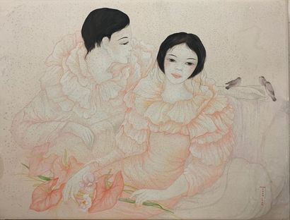 null TRAN-LONG Mara (née en 1935). [Couple aux oiseaux]. Peinture sur soie. 50 x...