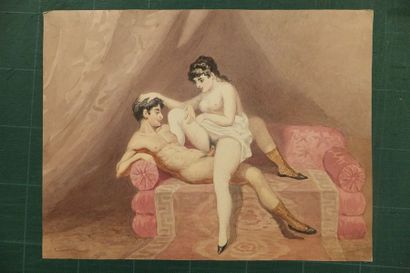 null EROTIQUE - COUPLE - Aquarelle, fin du XIXème siècle - H. 21,4cm x L. 29,2cm...