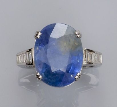   Ring in 750°/00 (18K) white gold, set with a large 17.64 carat Ceylon cushion sapphire...