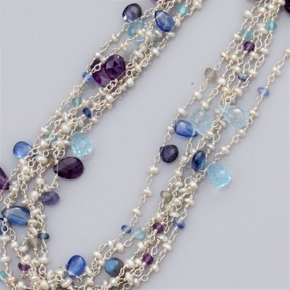   Silver necklace made of six rows of small cultured pearls, blue topaz, amethysts,...