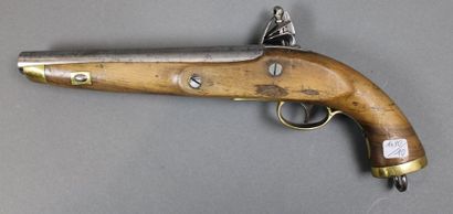 null Pistolet à silex, garniture en laiton, canon rond en acier. XVIIIème siècle....