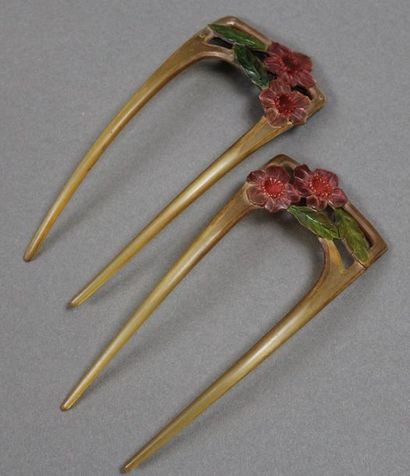 null Deux peignes Art-Nouveau en corne à décor de fleurs et de feuilles. 