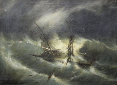 null Ecole française ou italienne du XIX-ème Siècle : «Navire dans la tempête». Huile...