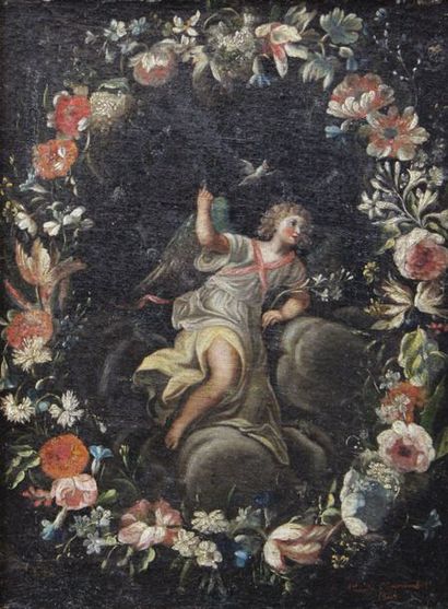 null CHAVERONDIER Camille (1827-1916) : «Guirlande de fleurs avec l’ange Gabriel...