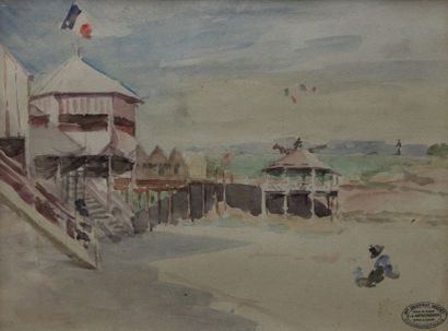null ANTHONISSEN Louis Joseph (1849-1913) : «Sur la plage». Aquarelle (insolation)....