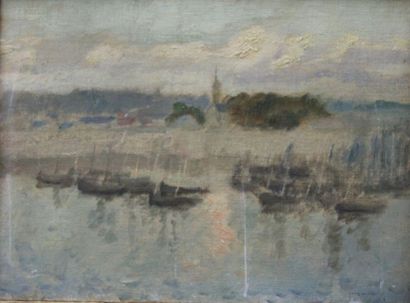 null PICARD Louis (né en 1861) : «Village breton en bord de mer». Huile sur carton...