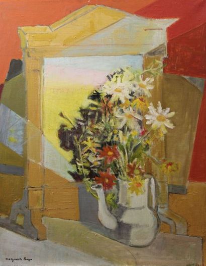 null LOUPPE Marguerite (1902-1988) : «Bouquet de fleurs dans une verseuse». Huile...
