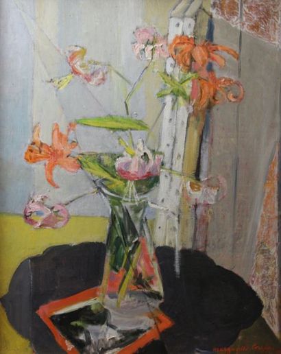 null LOUPPE Marguerite (1902-1988) : «Bouquet de lys dans un vase». Huile sur toile...